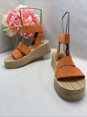 Lucky‎ Brand Women’s 5 Orange Platform Sandals with Wood-Effect Wedge #365 OBO